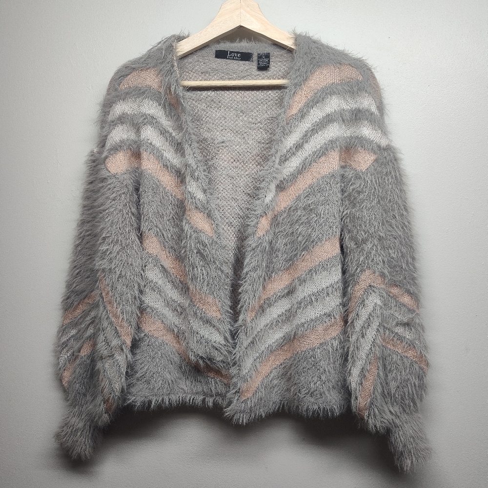 Love Ever After Cardigan Sweater Women Size L Gray Pink Fuzzy Open Girly Fall